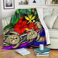 Kanaka Maoli (Hawaiian) Premium Blanket - Polynesian Turtle Colorful And Hibiscus - Polynesian Pride