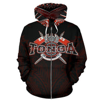 Tonga Zip up Hoodie Tonga Flag Coat of Arms Tribal Roots Red - Polynesian Pride