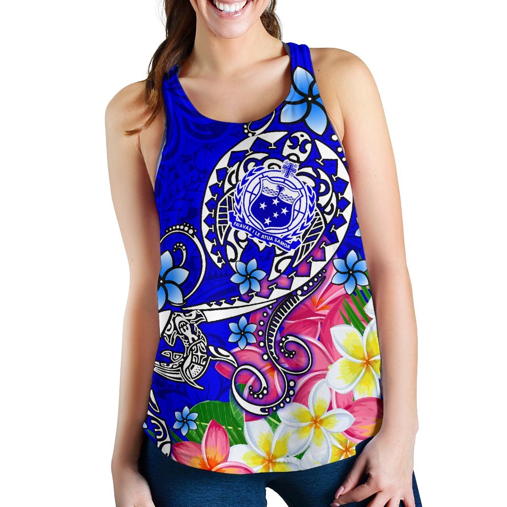 Samoa Women's Racerback Tank - Turtle Plumeria (Blue) - Polynesian Pride