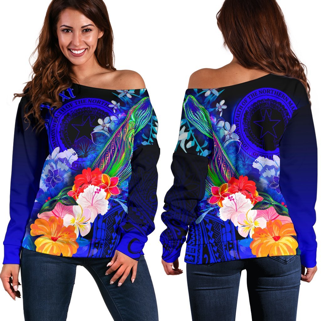 CNMI Custom Personalised Women's Off Shoulder Sweater - Humpback Whale with Tropical Flowers (Blue) - Polynesian Pride
