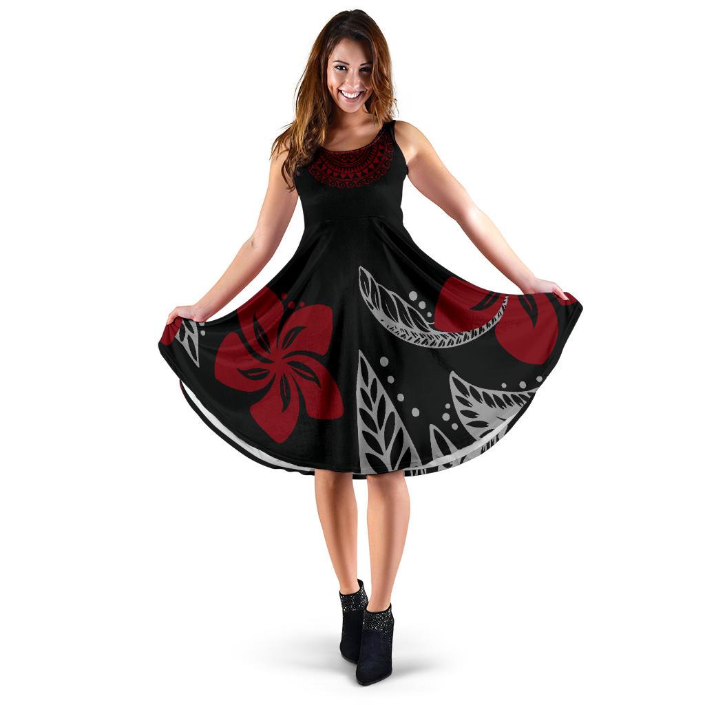 Polynesian Midi Dress - Black Red Floral Women Black - Red - Polynesian Pride