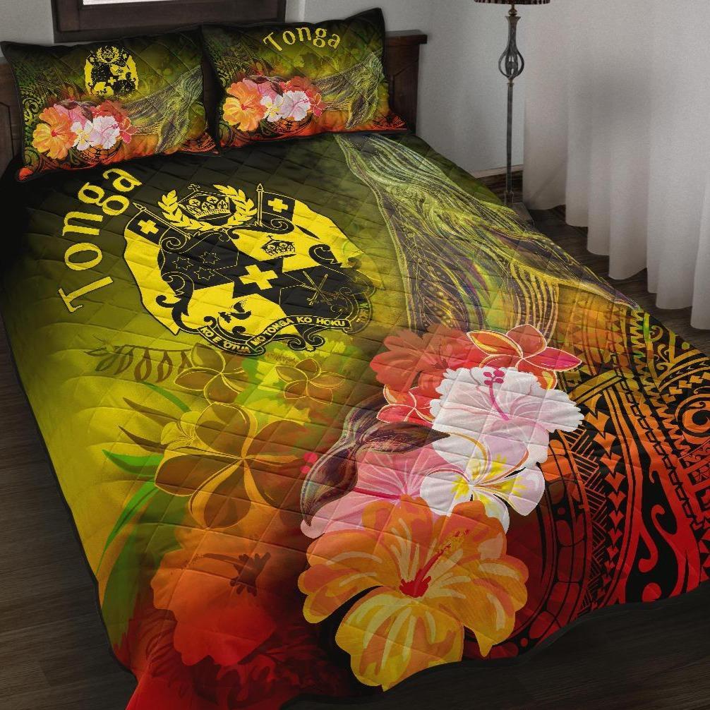 Tonga Quilt Bed Set - Humpback Whale with Tropical Flowers (Yellow) Yellow - Polynesian Pride