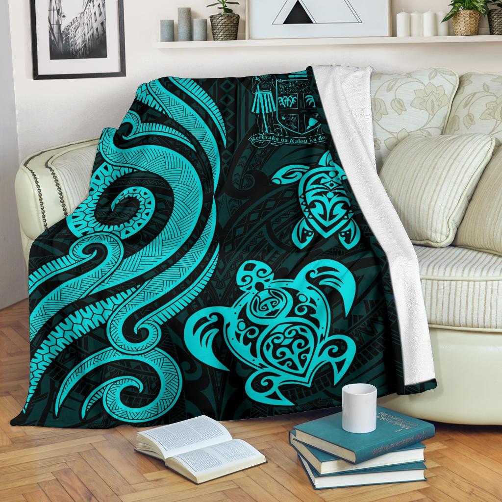 Fiji Polynesian Premium Blanket - Turquoise Tentacle Turtle Crest White - Polynesian Pride