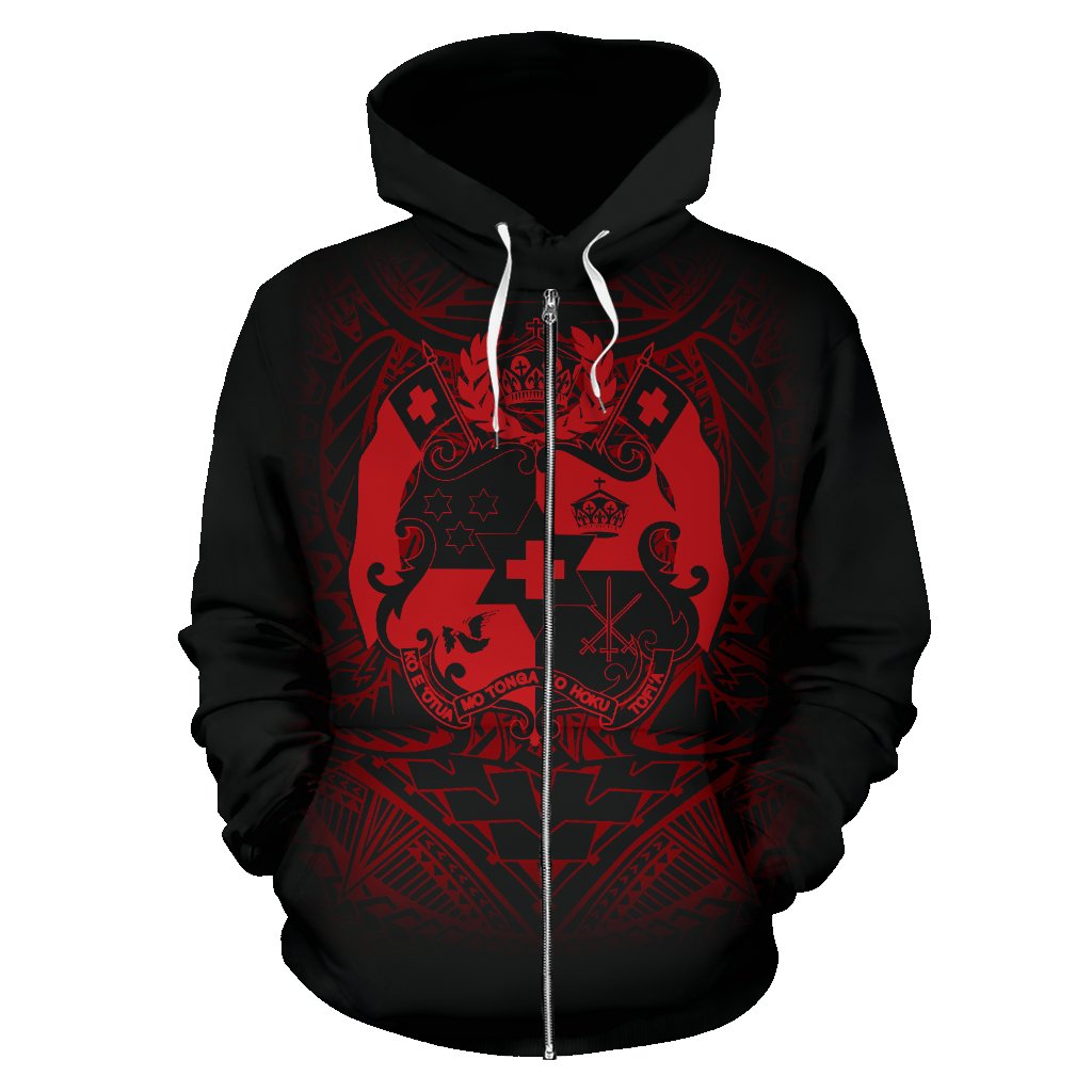 Tonga Polynesian All Over Zip up Hoodie Red Tribal Pattern - Polynesian Pride