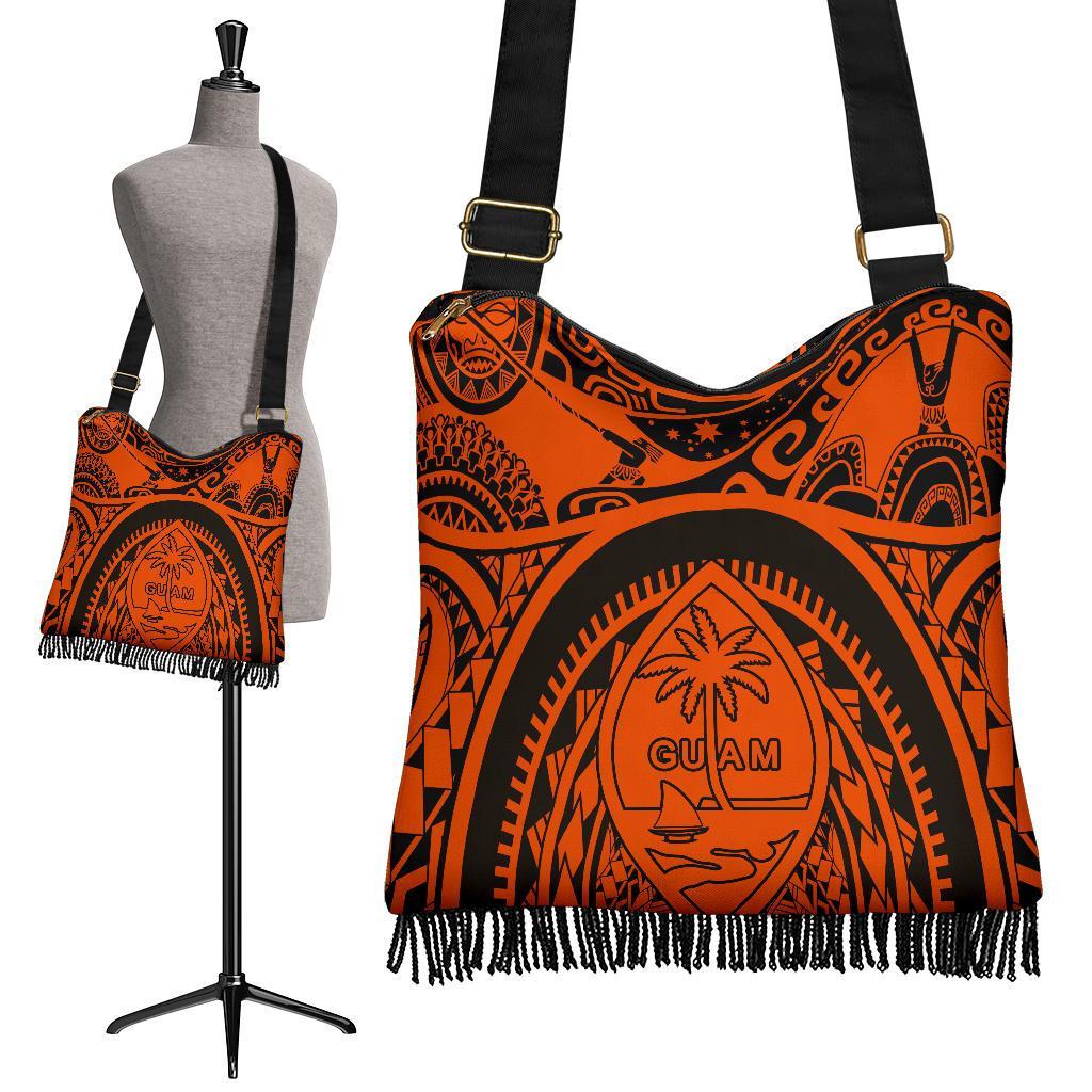 Polynesian Boho Handbags - Guam Flag, Seal with Maui Moana Tattoo One Style One Size Orange - Polynesian Pride