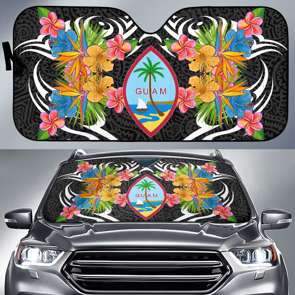 Guam Auto Sun Shades - Coat Of Arms With Tropical Flowers Auto Sun Shade - Guam Universal Fit Black - Polynesian Pride