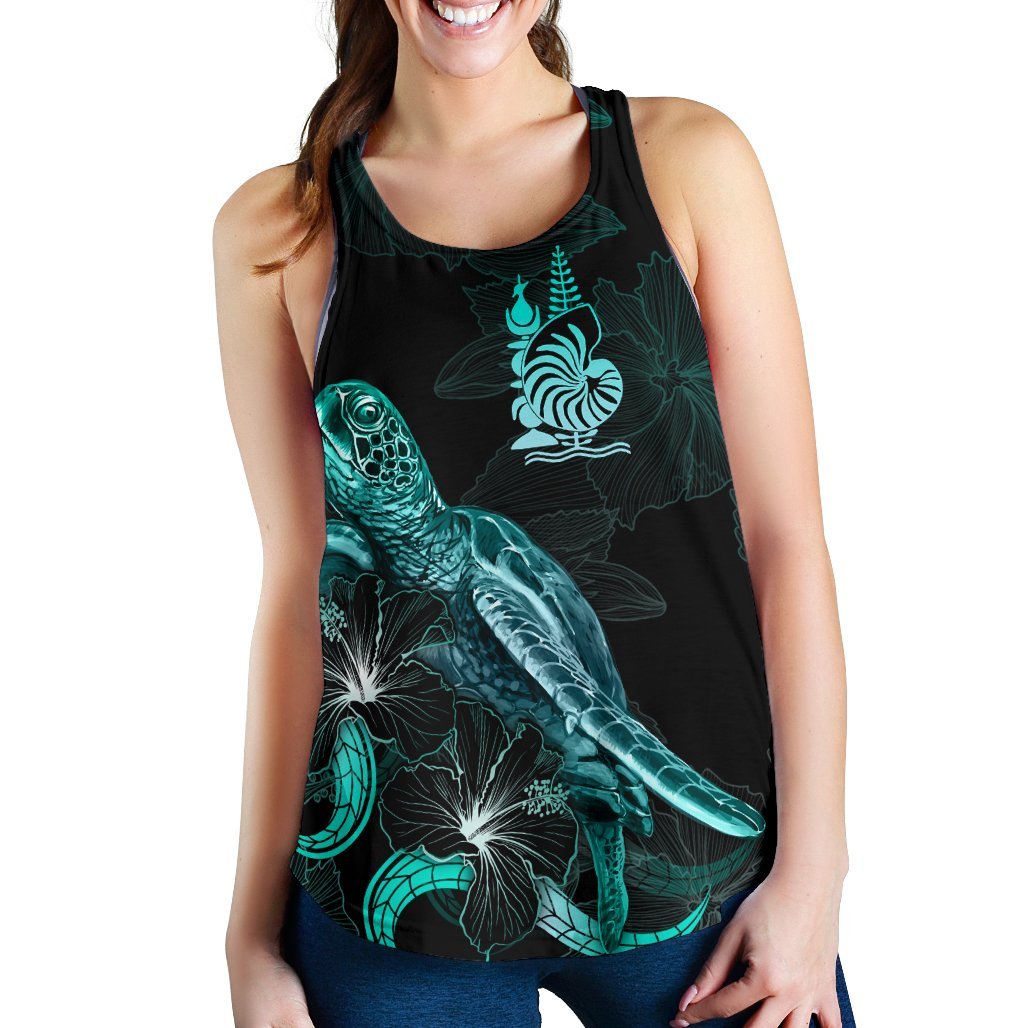 New Caledonia Polynesian Women Tank Top - Turtle With Blooming Hibiscus Turquoise - Polynesian Pride