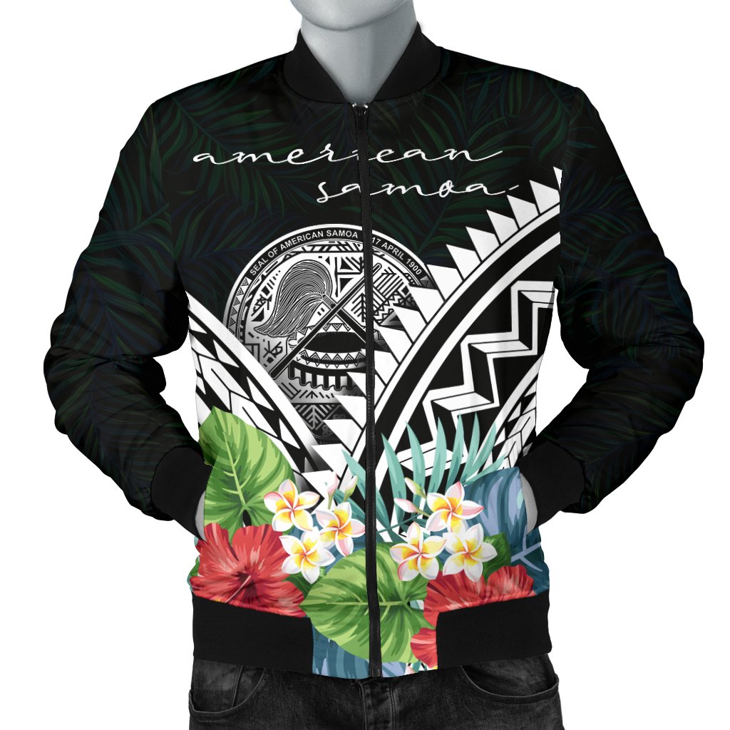 American Samoa Men's Bomber Jacket - Yap Coat of Arms & Polynesian Tropical Flowers White White - Polynesian Pride