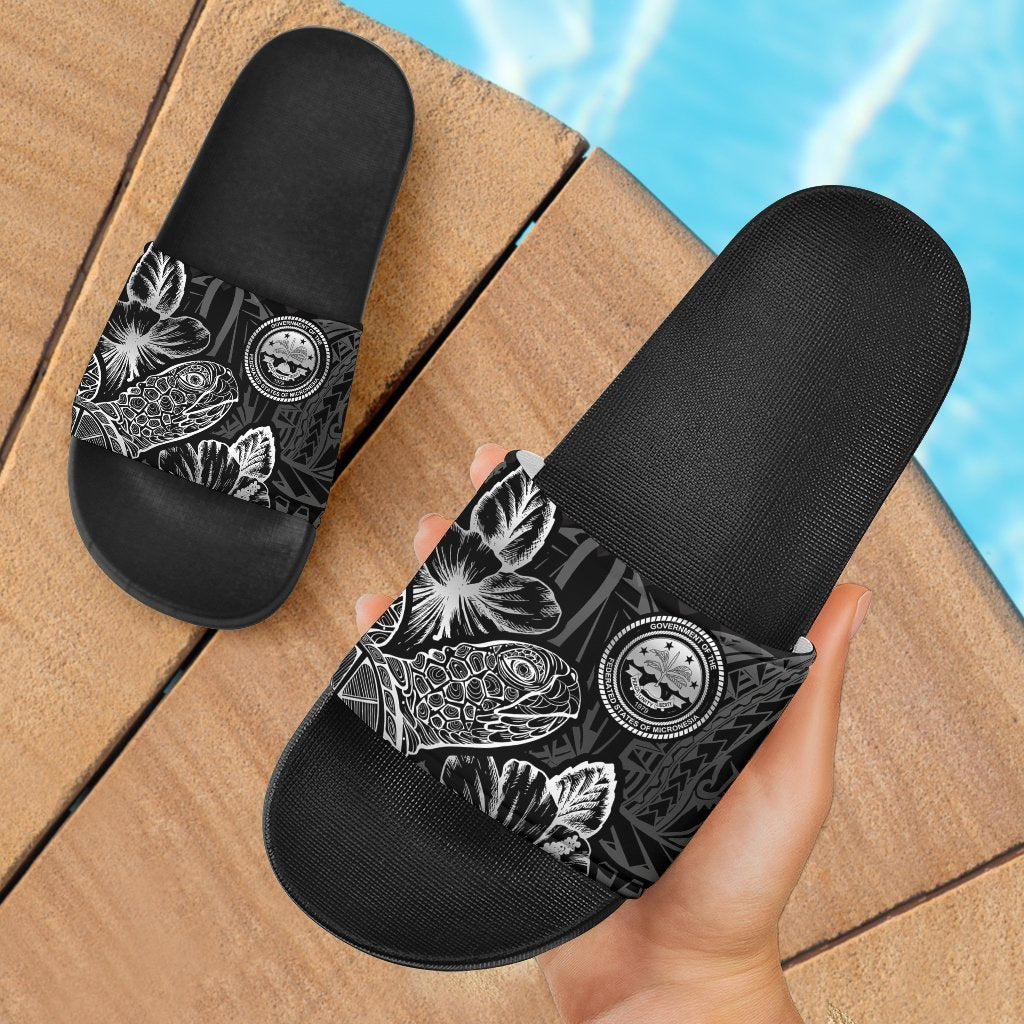 Federated States Of Micronesia Slide Sandals - Turtle Hibiscus Pattern Black Black - Polynesian Pride
