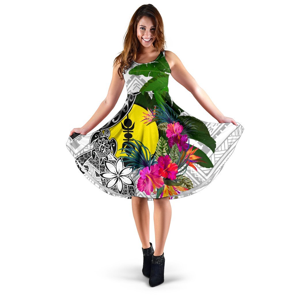 New Caledonia Midi Dress White - Turtle Plumeria Banana Leaf Women White - Polynesian Pride