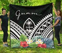 Guam Premium Quilt - Guam Coat of Arms & Polynesian Tropical Flowers White - Polynesian Pride