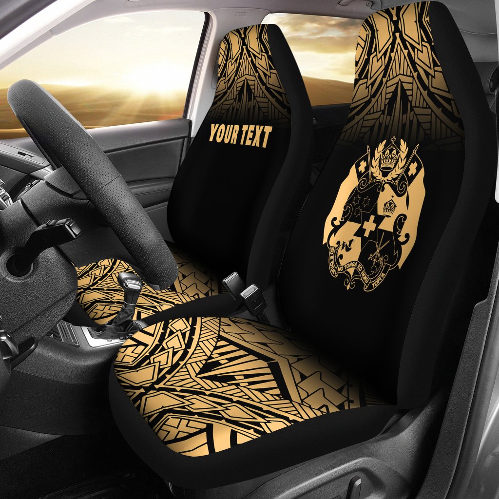 Tonga Custom Personalised Car Seat Covers - Tonga Coat Of Arms Polynesian Tattoo Fog Gold Universal Fit Gold - Polynesian Pride