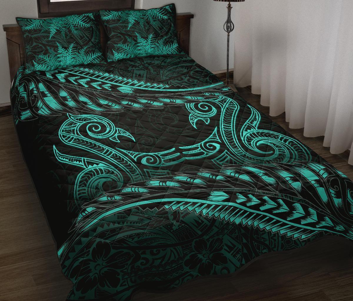 Aotearoa Quilt Bed Set Turquoise Maori Manaia With Silver Fern Black - Polynesian Pride