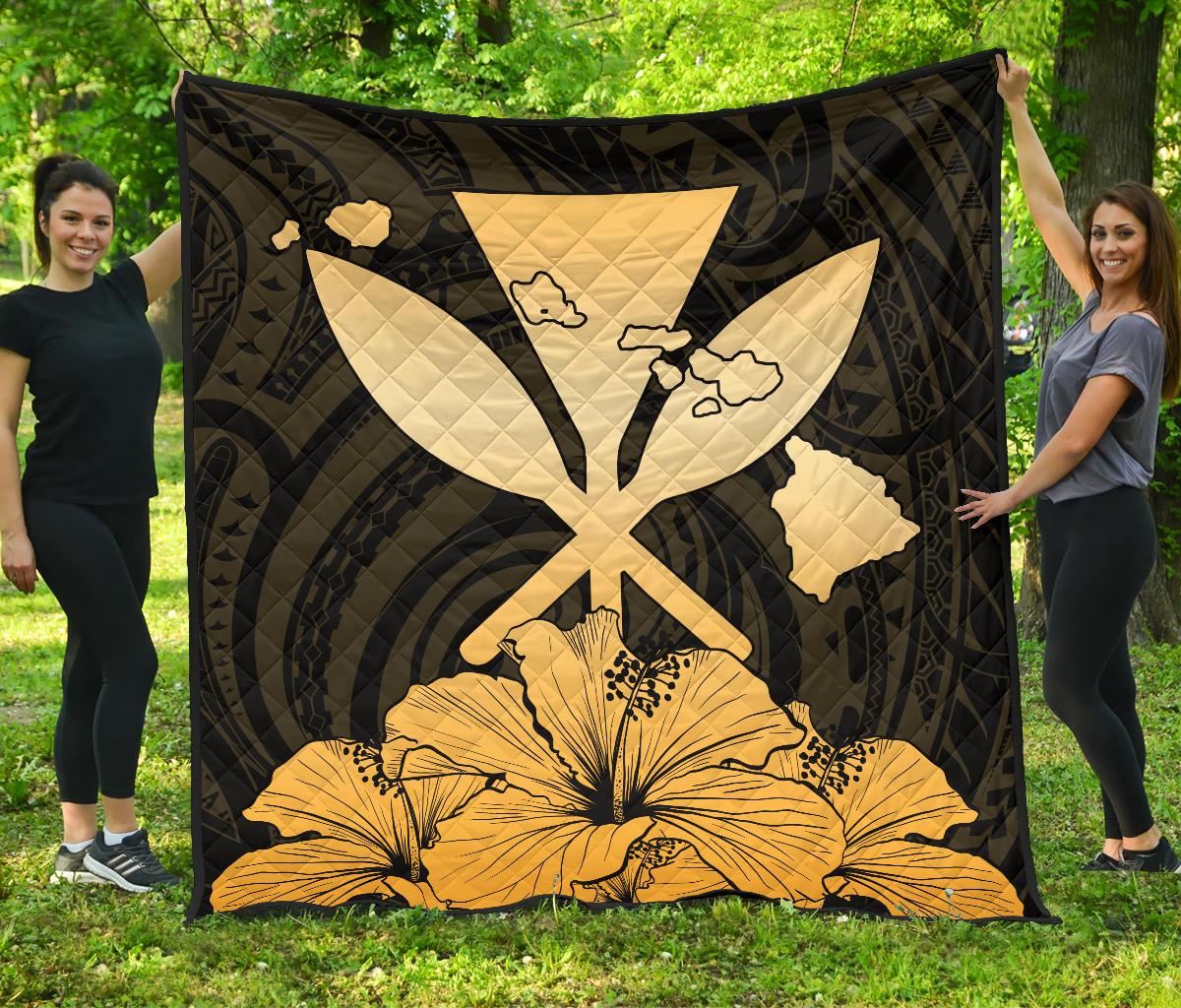 Hawaiian Kanaka Premium Quilt Hibiscus Polynesian Love Gold Gold - Polynesian Pride