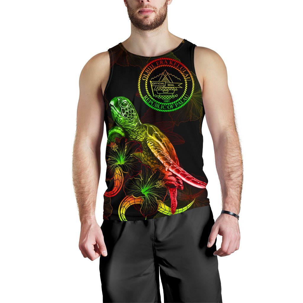 Palau Polynesian Men Tank Top - Turtle With Blooming Hibiscus Reggae - Polynesian Pride