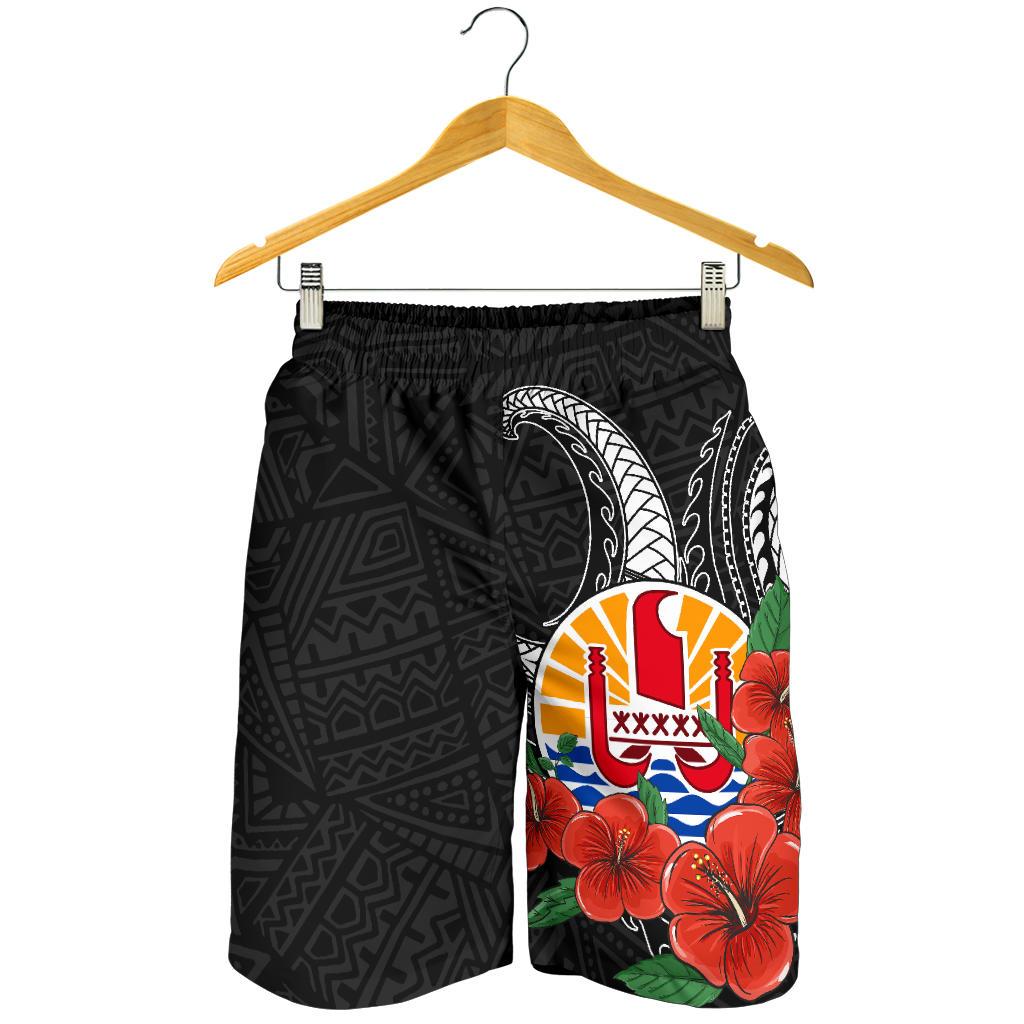 Tahiti Polynesian Men Shorts - Hibiscus Coat of Arm Black - Polynesian Pride