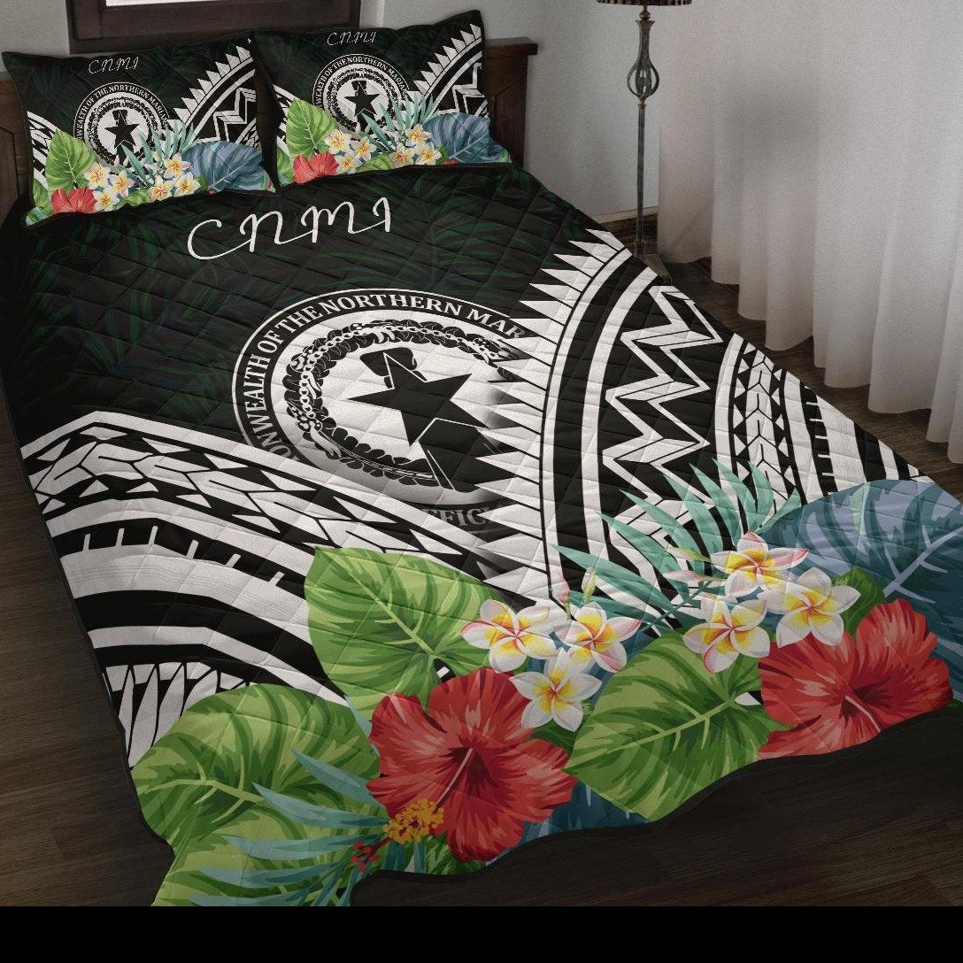 CNMI Quilt Bed Set - CNMI Coat of Arms & Polynesian Tropical Flowers White White - Polynesian Pride