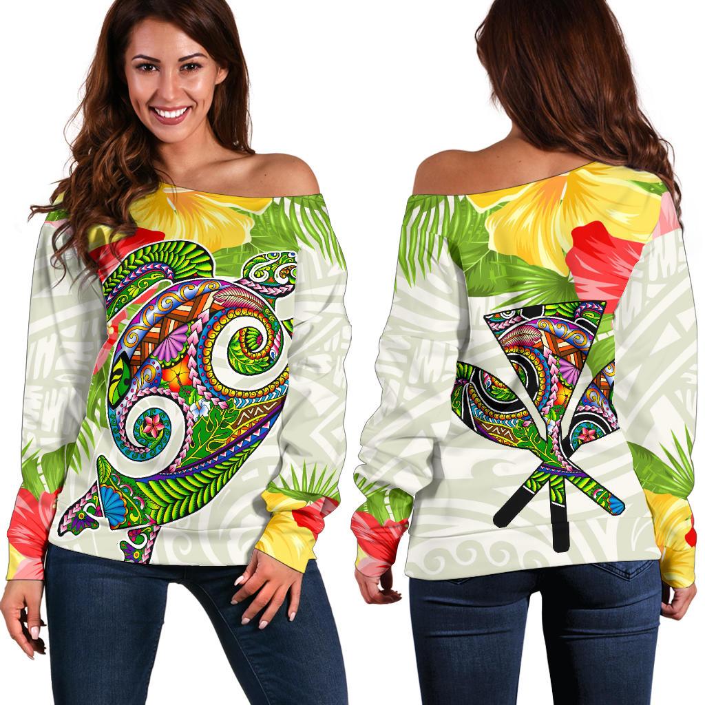 Polynesian Hawaii Women's Shoulder Sweater Turtle Colorful White - Polynesian Pride