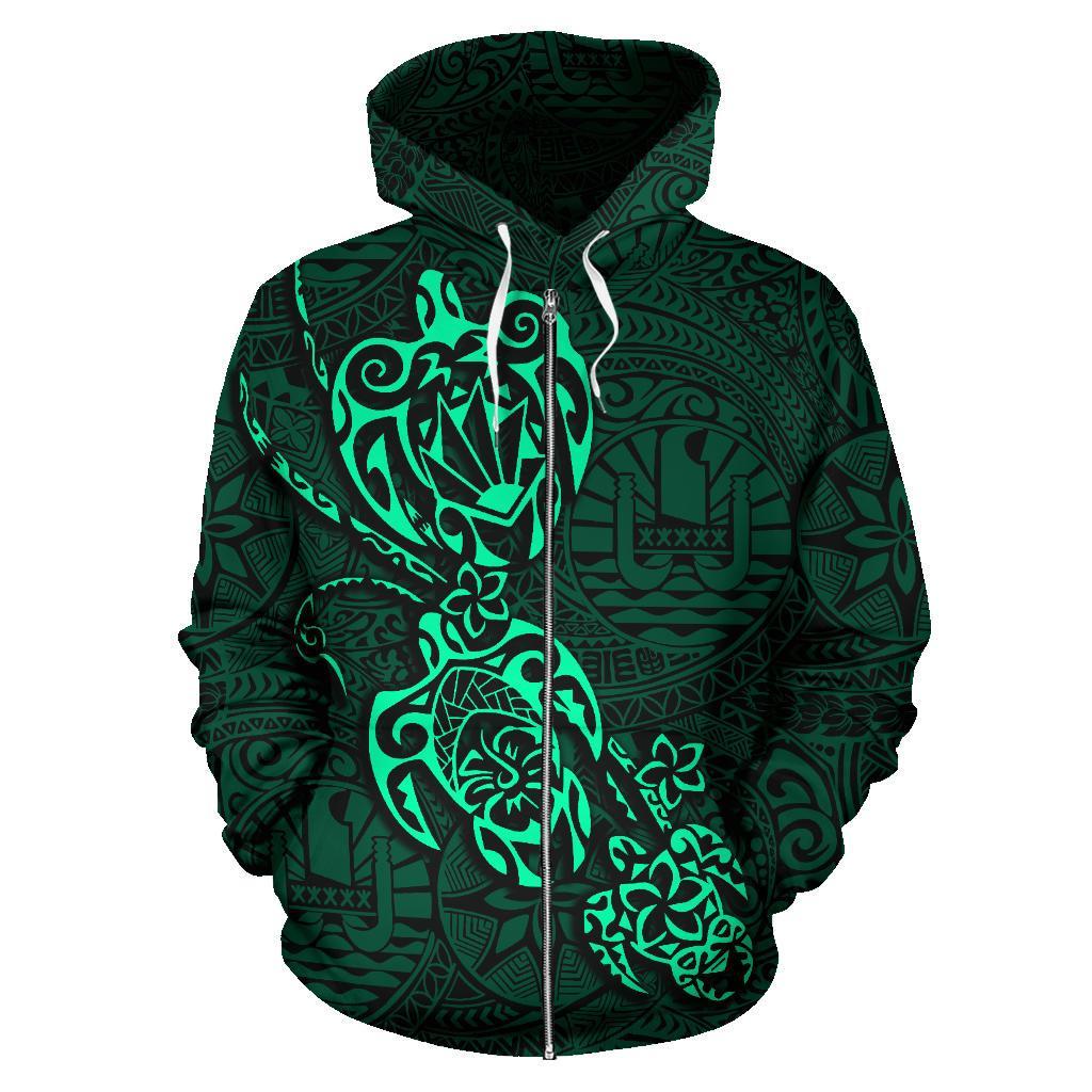 Tahiti Polynesian Family Turtles Zip up Hoodie Green - Polynesian Pride