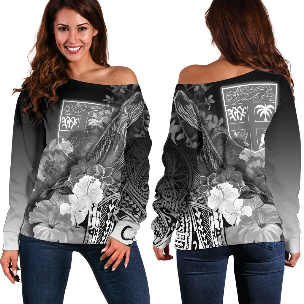 Fiji Women's Off Shoulder Sweater - Humpback Whale with Tropical Flowers (White) White - Polynesian Pride
