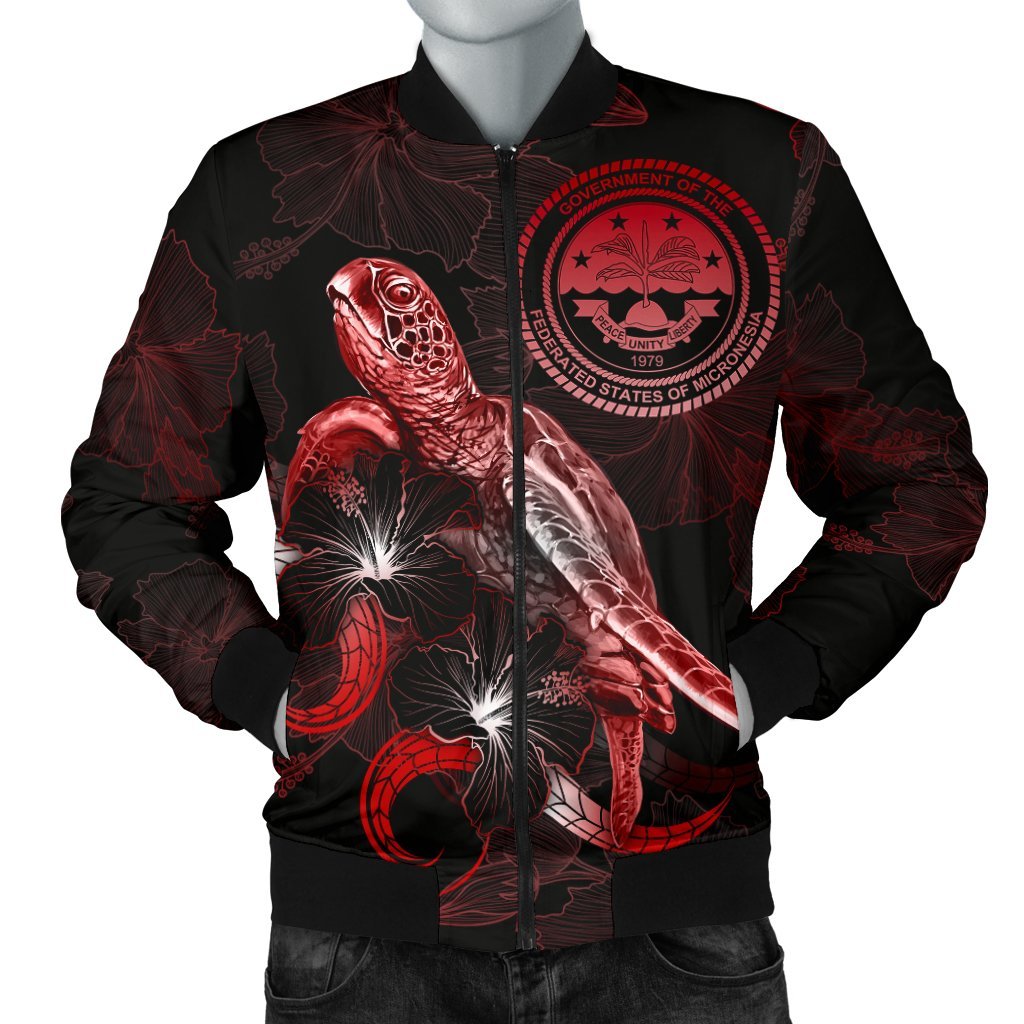 Federated States of Micronesia Polynesian Men's Bomber Jacket - Turtle With Blooming Hibiscus Red Red - Polynesian Pride