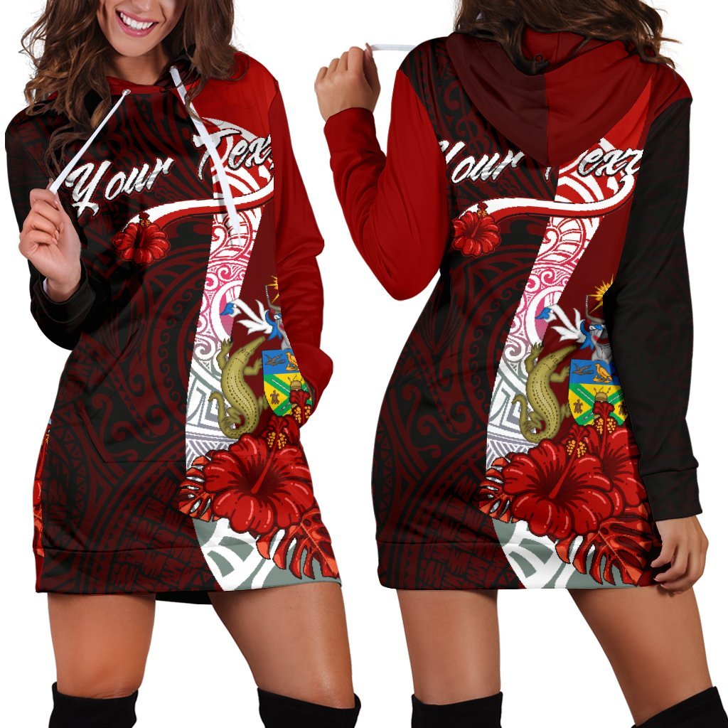 Solomon Islands Polynesian Custom Personalised Hoodie Dress - Coat Of Arm With Hibiscus Red - Polynesian Pride