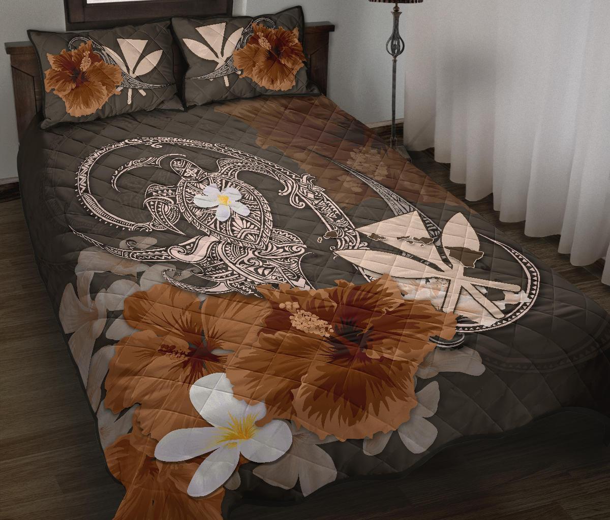 Kanaka Maoli (Hawaii) Quilt Bed Set - Hibiscus Turtle Tribal Brown - Polynesian Pride