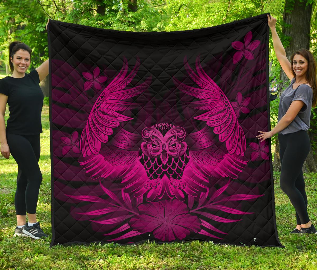 Hawaii Owl Hibiscus Plumeria Premium Quilt - Pink Pink - Polynesian Pride