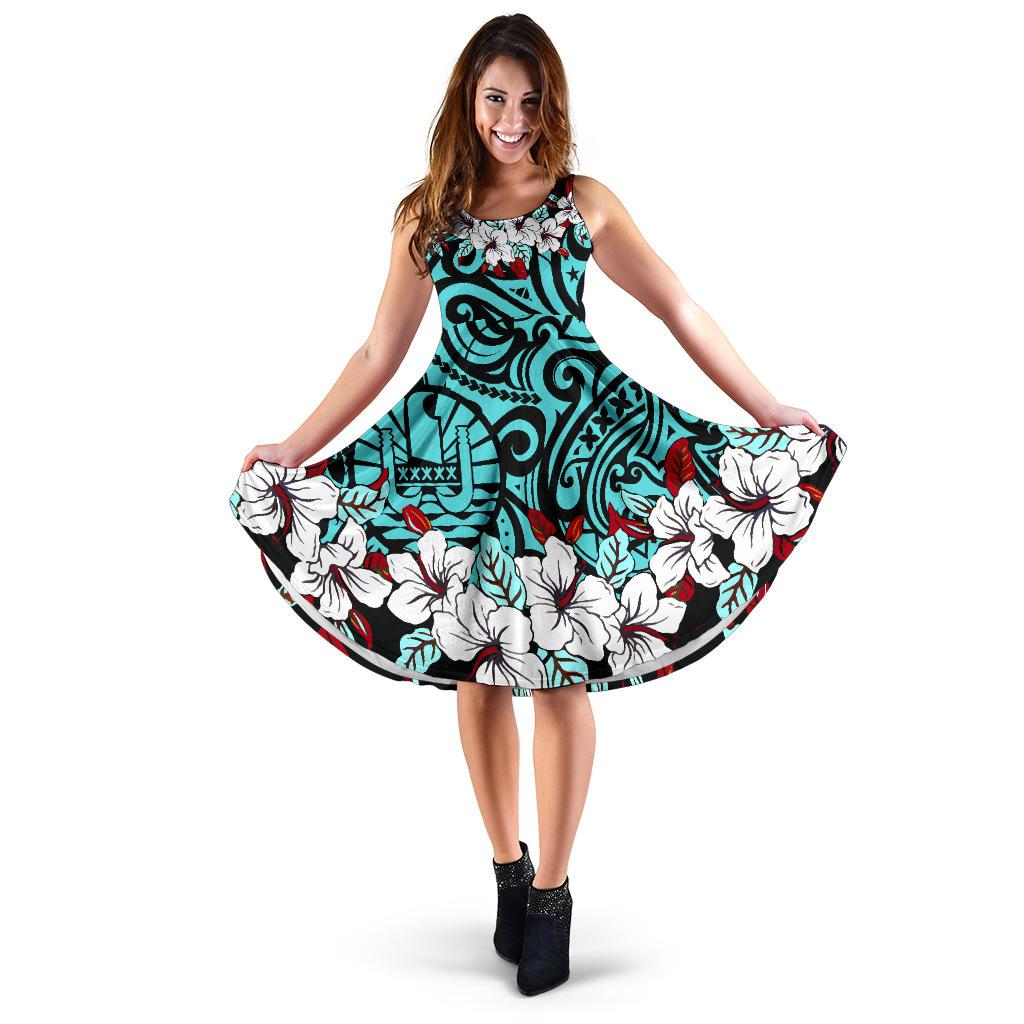 Tahiti Midi Dress - Cyan Hibiscus Women White - Polynesian Pride