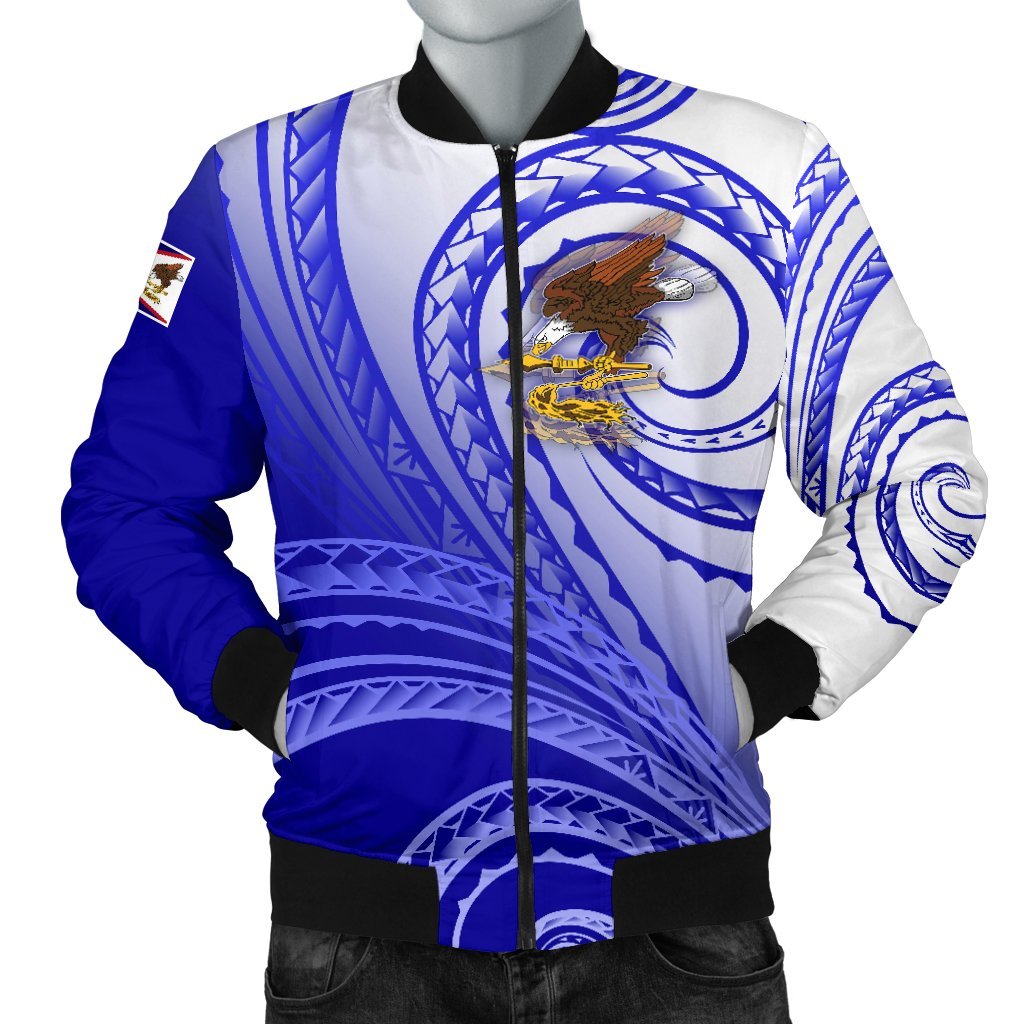 American Samoa Polynesian Men's Bomber Jacket - Bald Eagle (Blue) Blue - Polynesian Pride