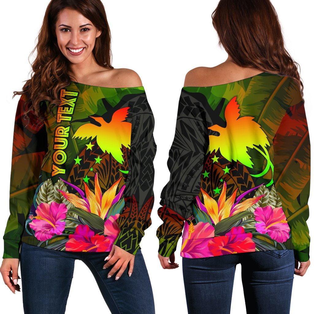 Papua New Guinea Polynesian Personalised Women's Off Shoulder Sweater - Hibiscus and Banana Leaves Art - Polynesian Pride