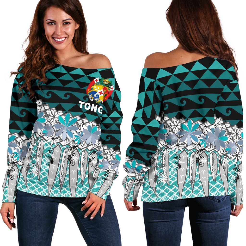Tonga Women's Off Shoulder Sweaters - Coconut Leaves Weave Pattern Blue Blue - Polynesian Pride