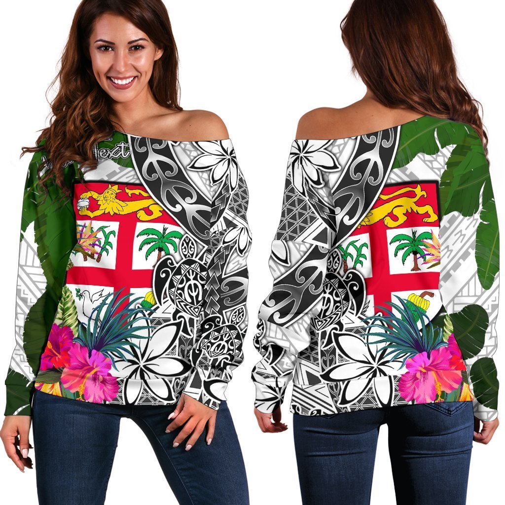 Fiji Custom Personalised Women's Off Shoulder Sweater White - Turtle Plumeria Banana Leaf White - Polynesian Pride