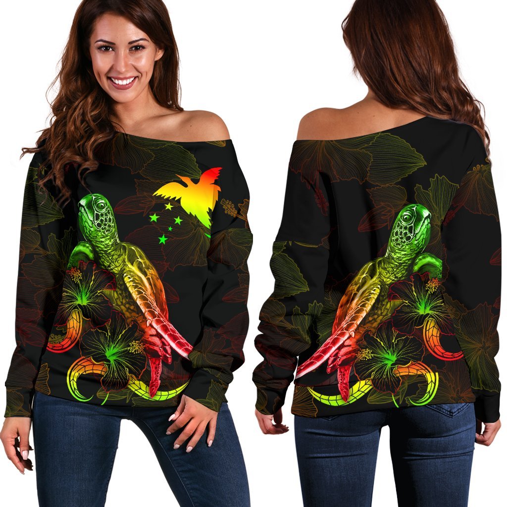Papua New Guinea Polynesian Women's Off Shoulder Sweater - Turtle With Blooming Hibiscus Reggae Art - Polynesian Pride