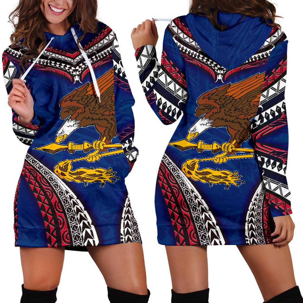 American Samoa Hoodie Dress - Warrior Style Polynesian Pattern Blue - Polynesian Pride