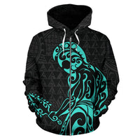 Polynesian Kakau Helmet Weapon Turquoise Kanaka Warrior Hoodie (Zip) - Polynesian Pride