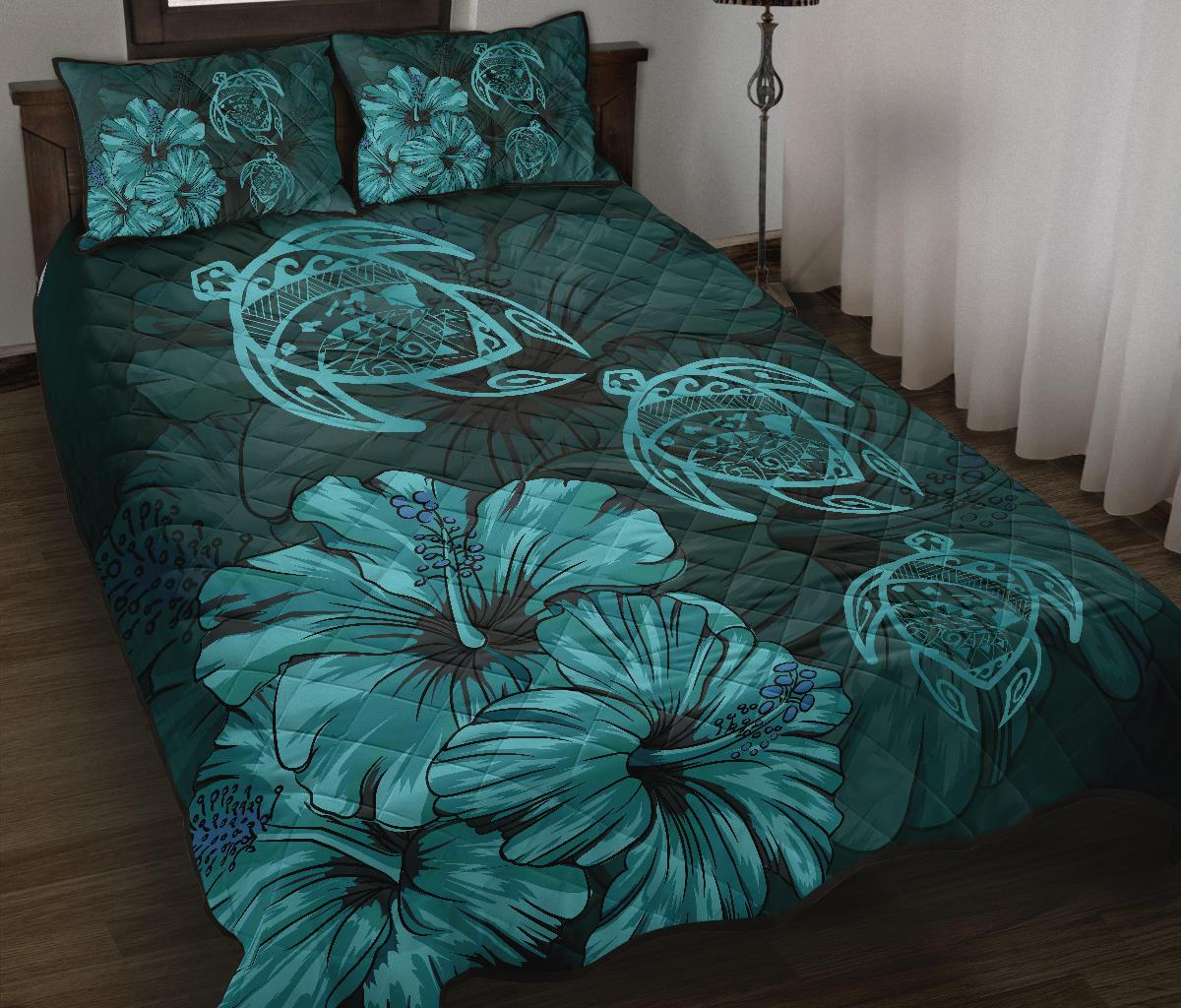 Hawaiian Map Turtle Hibiscus Vintage Polynesian Quilt Bedding Set Turquoise - Polynesian Pride