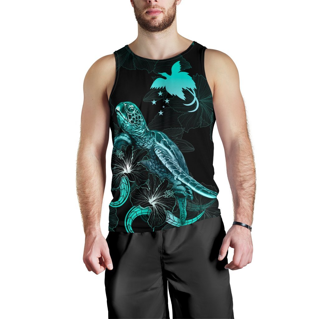 Papua New Guinea Polynesian Men Tank Top - Turtle With Blooming Hibiscus Tuquoise - Polynesian Pride