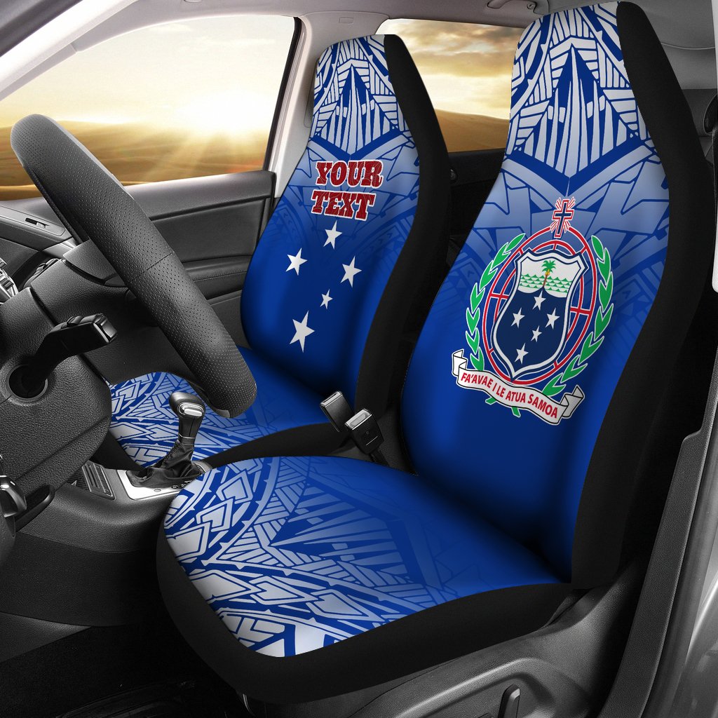 Samoa Custom Personalised Car Seat Covers - Samoa Flag Coat Of Arms Polynesian Tattoo Fog Blue Universal Fit Blue - Polynesian Pride
