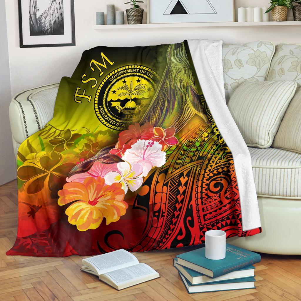Federated States of Micronesia Premium Blanket - Humpback Whale with Tropical Flowers (Yellow) White - Polynesian Pride