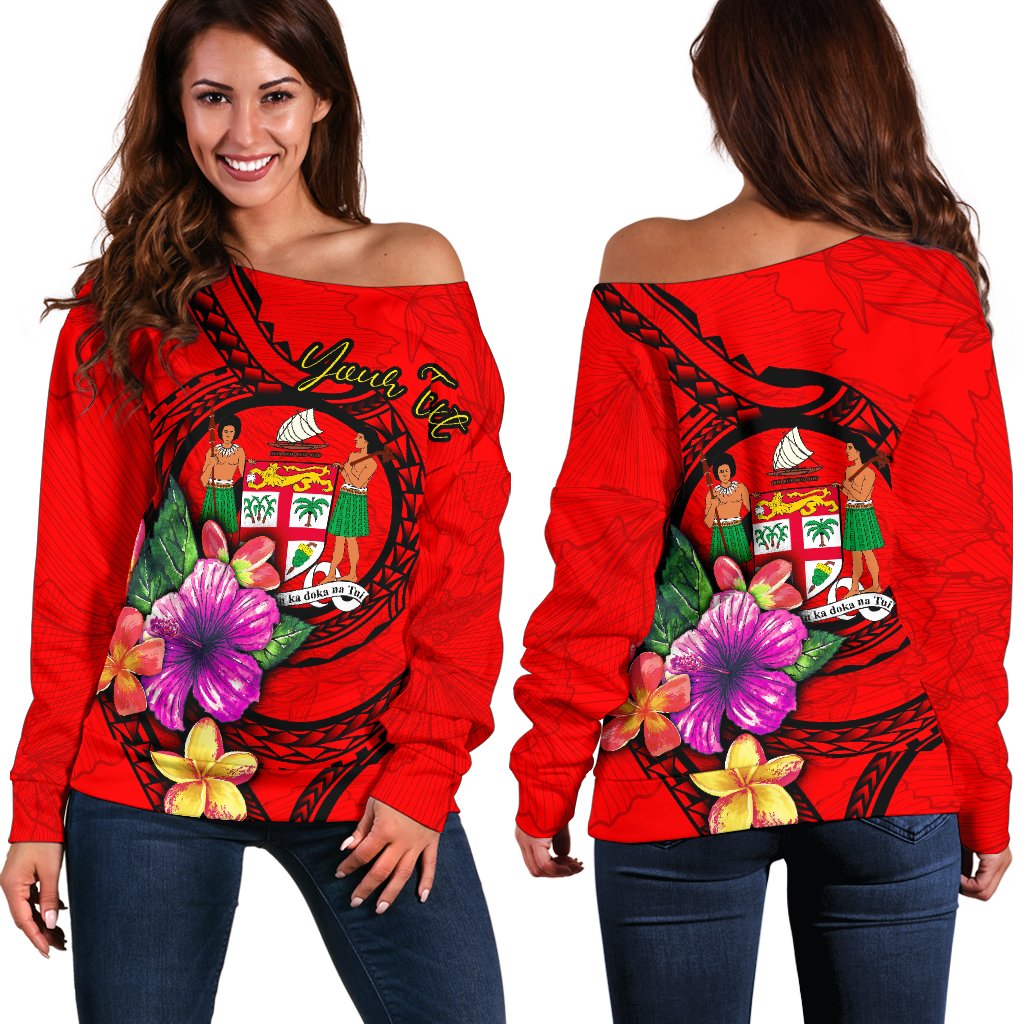Fiji Polynesian Custom Personalised Women's Off Shoulder Sweater - Floral With Seal Red Red - Polynesian Pride