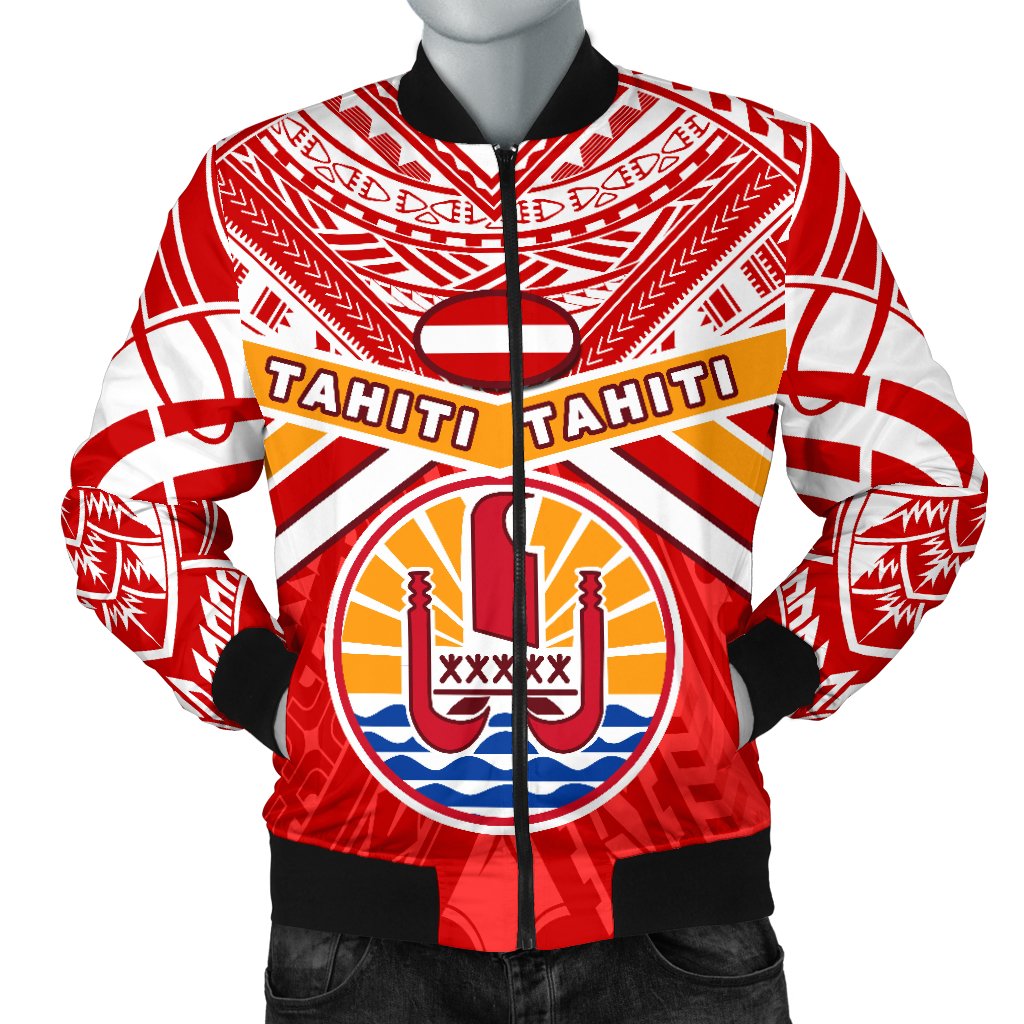 Tahiti Rugby Men Bomber Jacket Polynesian Coat Of Arms and Flag Red - Polynesian Pride