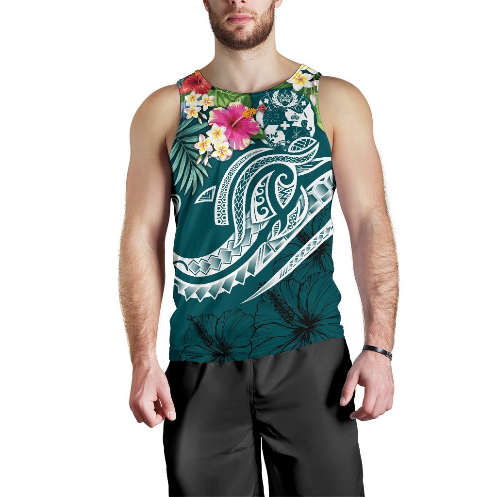 Tonga Polynesian Men's Tank Top - Summer Plumeria (Turquoise) - Polynesian Pride