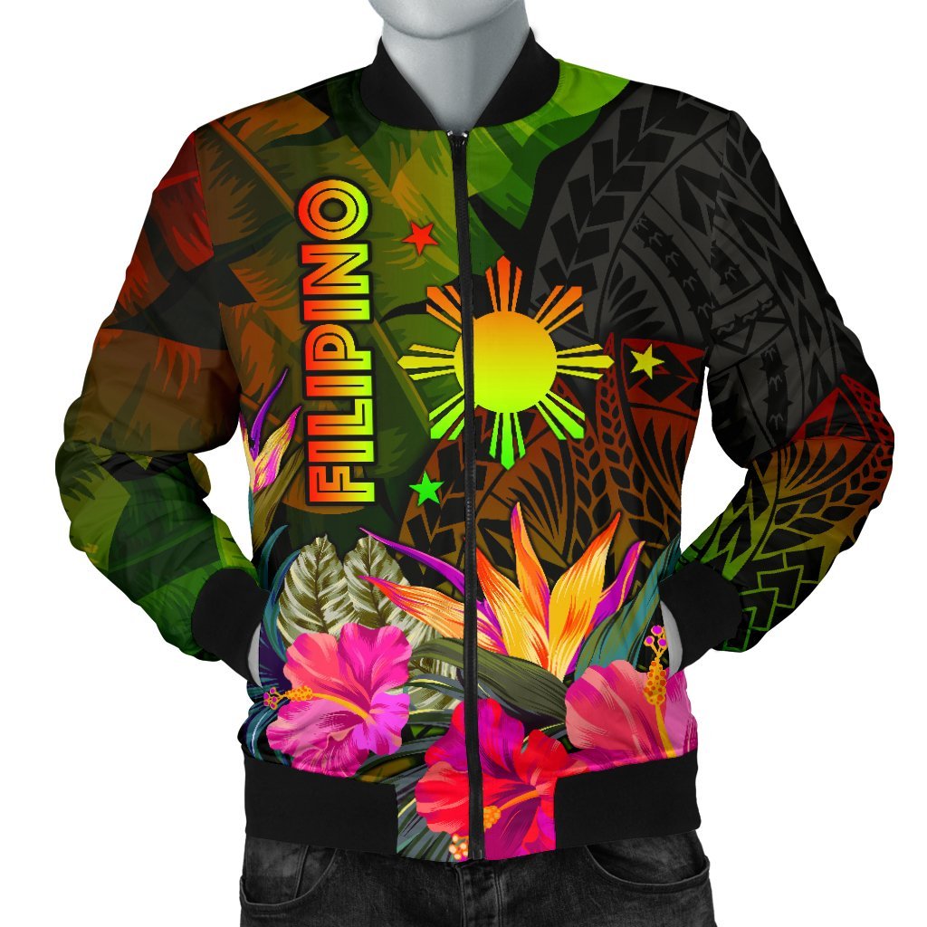 The Philippines Polynesian Men's Bomber Jacket - Hibiscus and Banana Leaves Reggae - Polynesian Pride