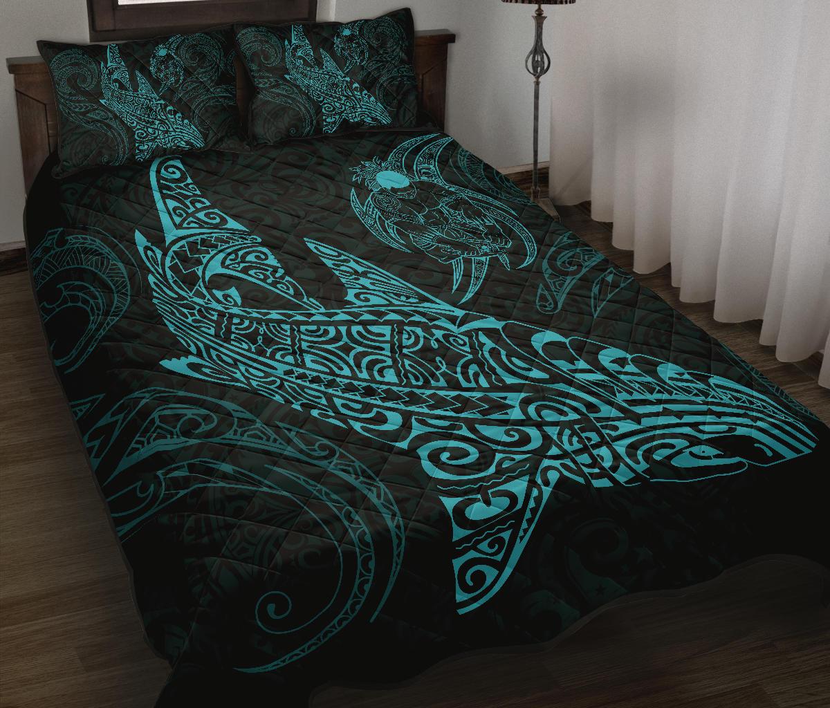 Polynesian Quilt Bed Set - Polynesian Blue Shark Warrior Tattoo - Polynesian Pride