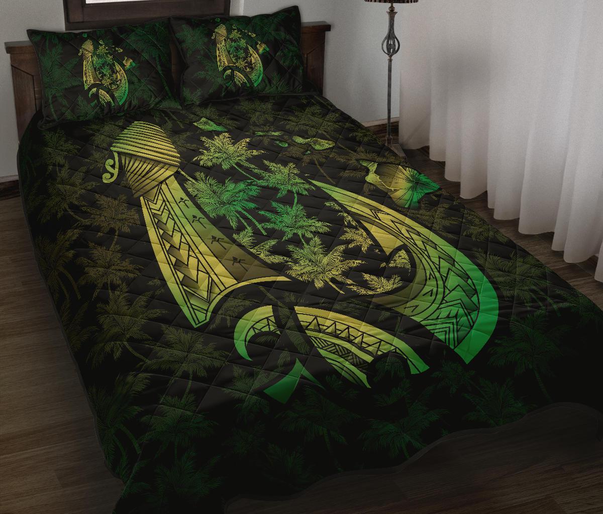 Hawaiian Map Palm Trees Fish Hook Polynesian Quilt Bedding Set Colorful Green - Polynesian Pride