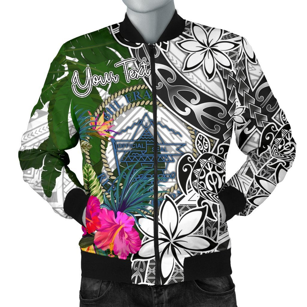 Palau Custom Personalised Men's Bomber Jacket White - Turtle Plumeria Banana Leaf Crest White - Polynesian Pride