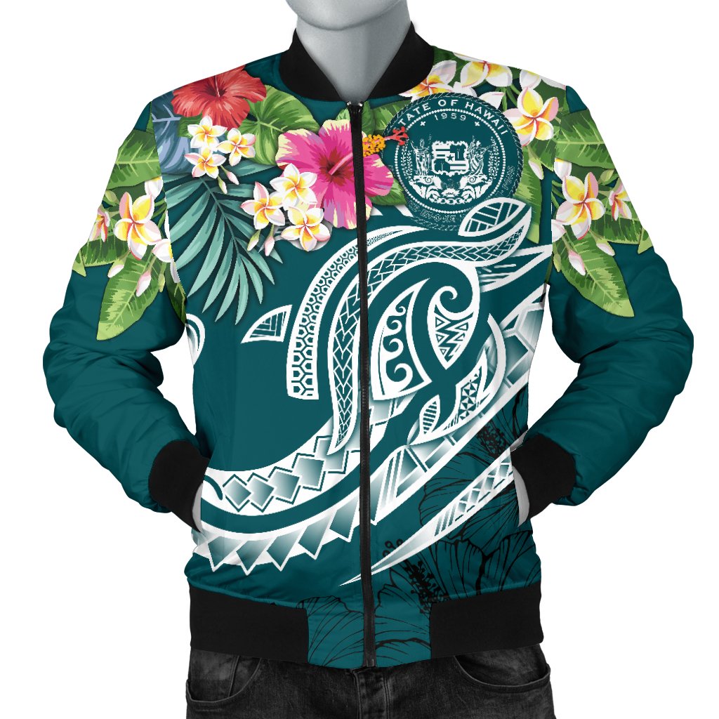 Polynesian Hawaii Men's Bomber Jacket - Summer Plumeria Blue - Polynesian Pride