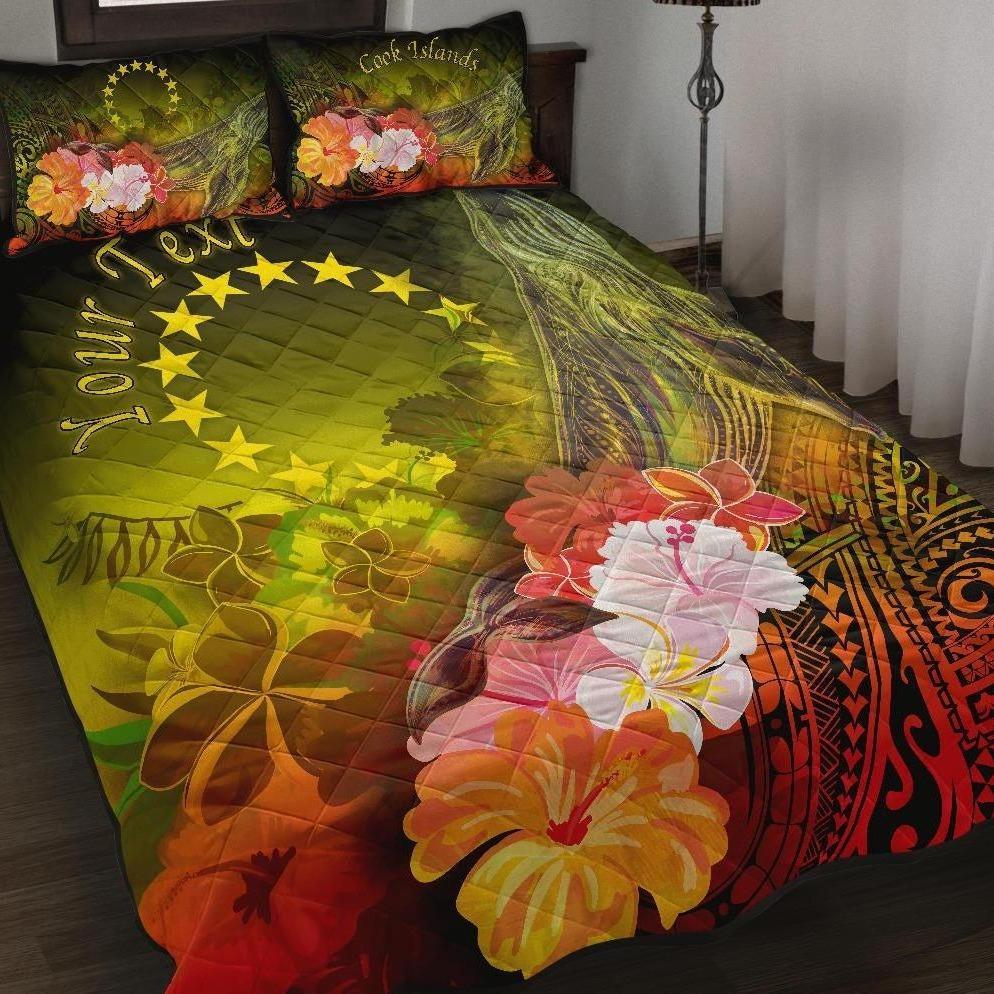 Cook Islands Custom Personalised Quilt Bed Sets - Humpback Whale with Tropical Flowers (Yellow) Yellow - Polynesian Pride