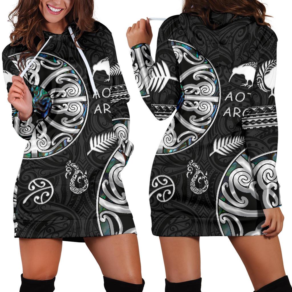 New Zealand Aotearoa Women Hoodie Dress, Maori Mangopare Paua Shell Black - Polynesian Pride